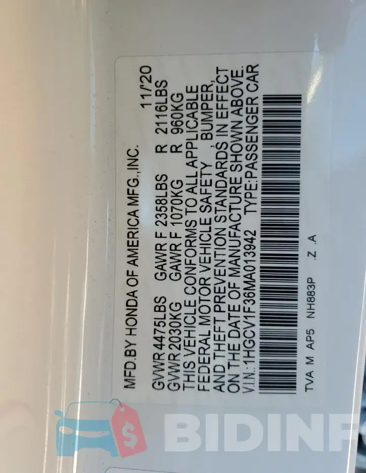 1HGCV1F36MA013942 Photo# 12