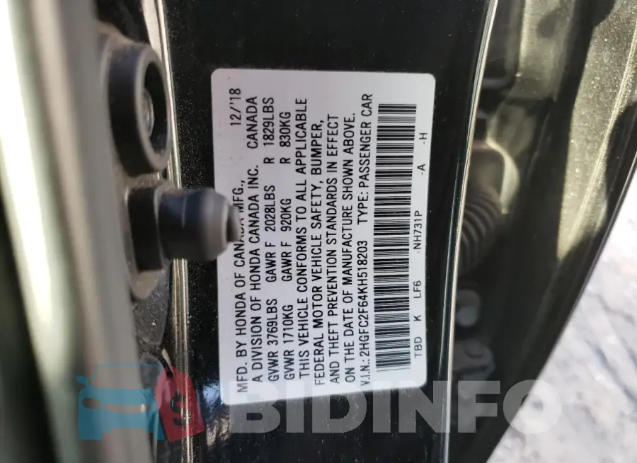 2HGFC2F64KH518203 Photo# 13