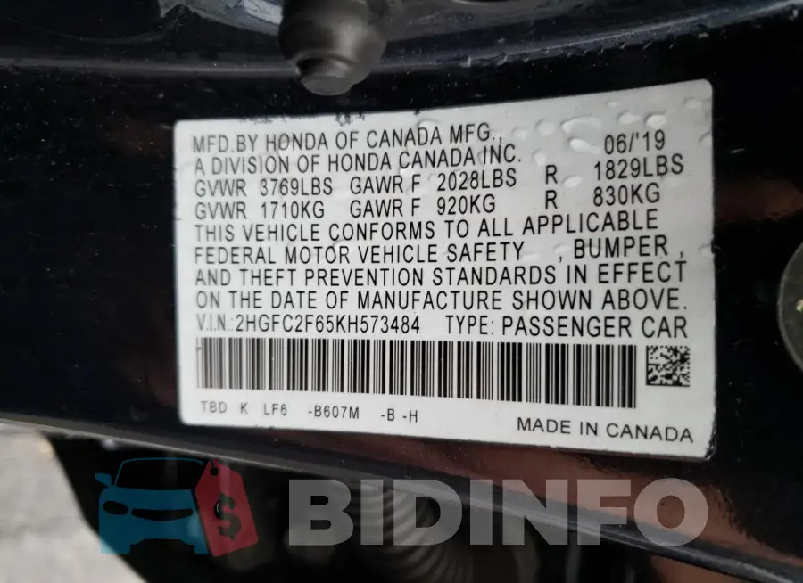 2HGFC2F65KH573484 Photo# 12