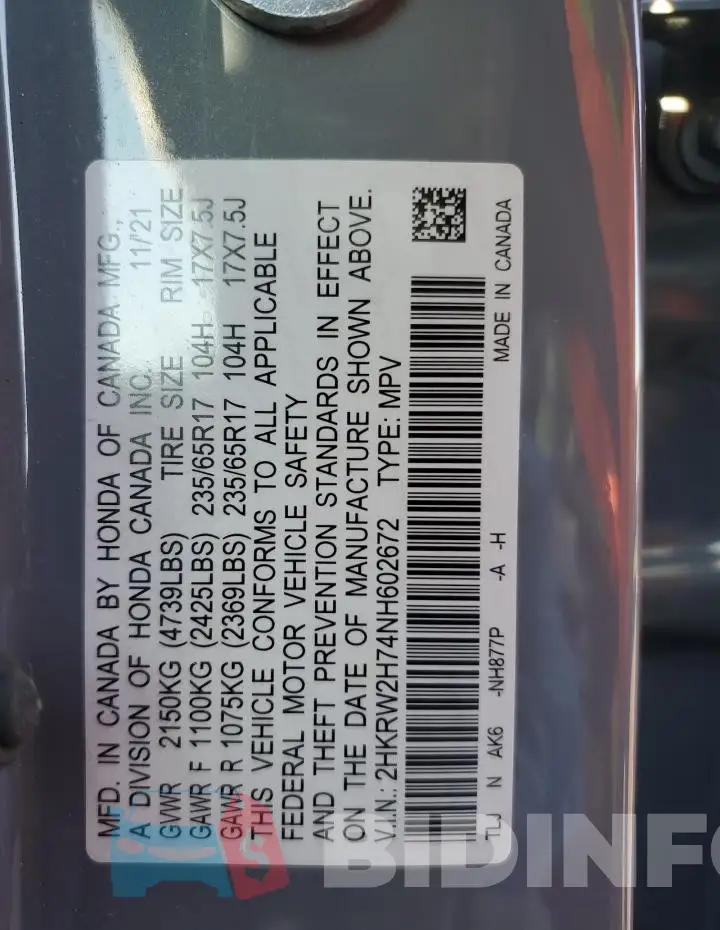2HKRW2H74NH602672 Photo# 13