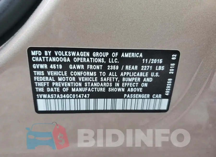 1VWAS7A34GC014747 Photo# 12