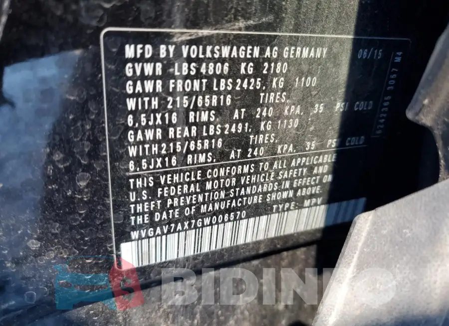 WVGAV7AX7GW006570 Photo# 12