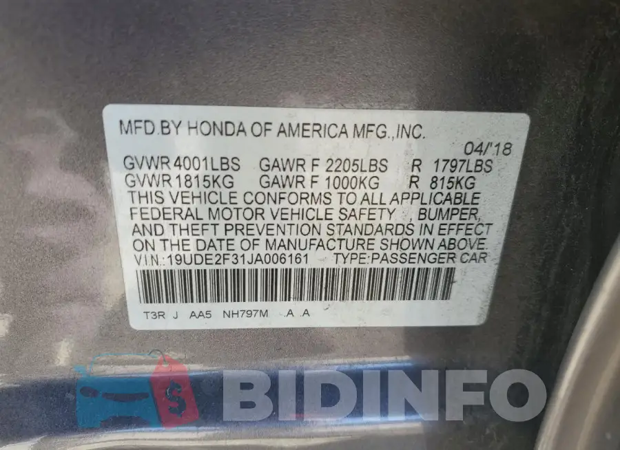 19UDE2F31JA006161 Photo# 13