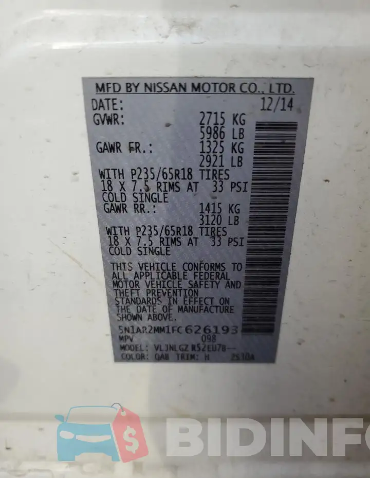 5N1AR2MM1FC626193 Photo# 13