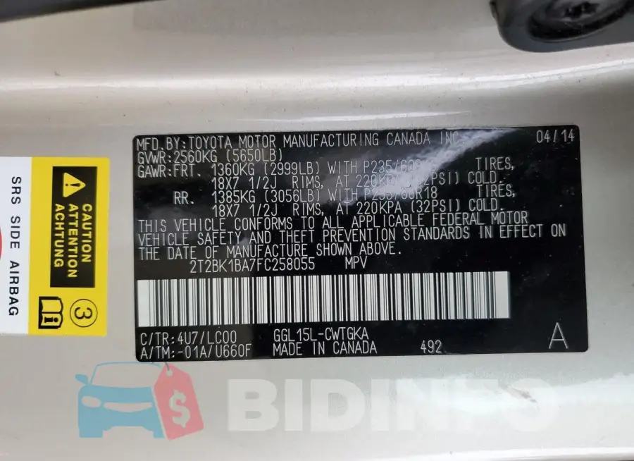 2T2BK1BA7FC258055 Photo# 13