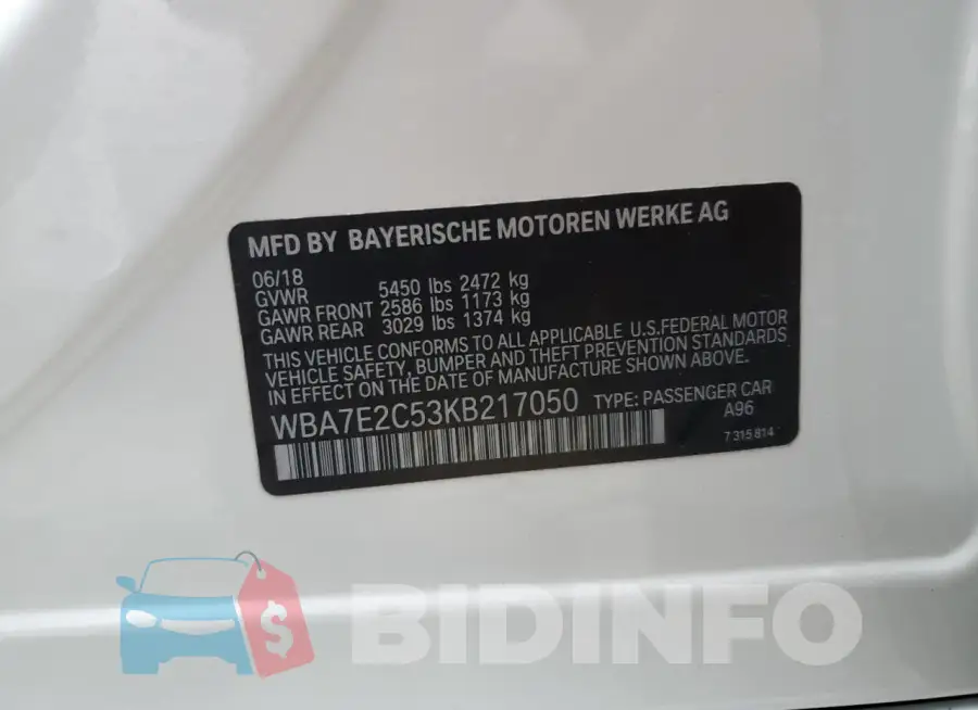 WBA7E2C53KB217050 Photo# 13