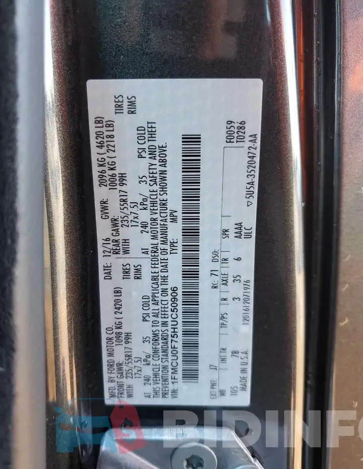 1FMCU0F75HUC50906 Photo# 14
