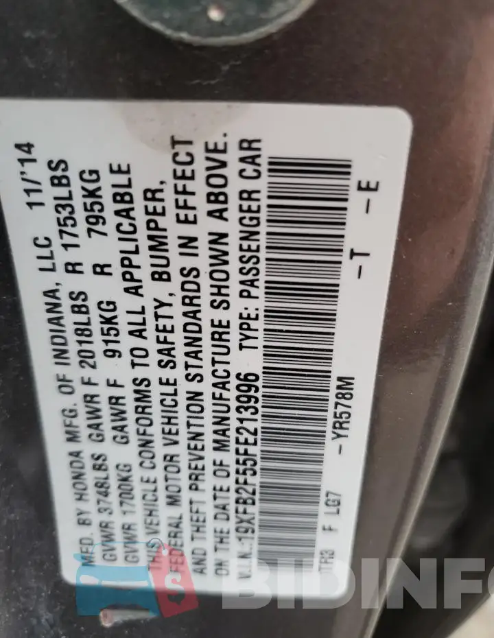 19XFB2F55FE213996 Photo# 12