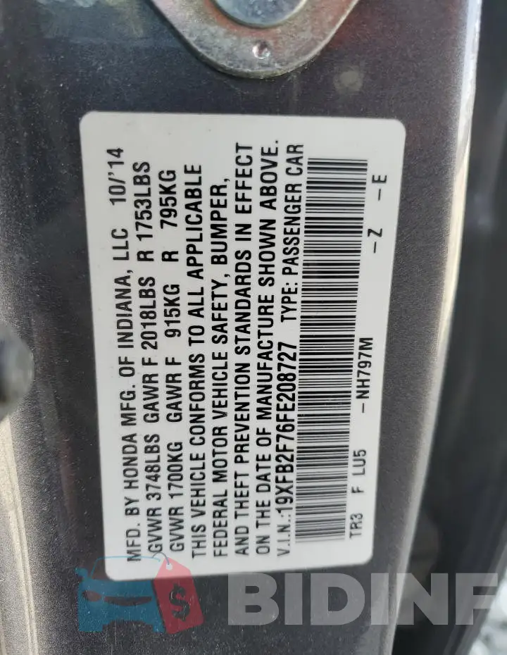19XFB2F76FE208727 Photo# 13