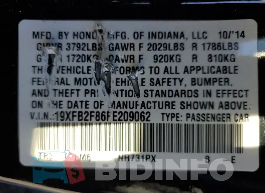 19XFB2F86FE209062 Photo# 13