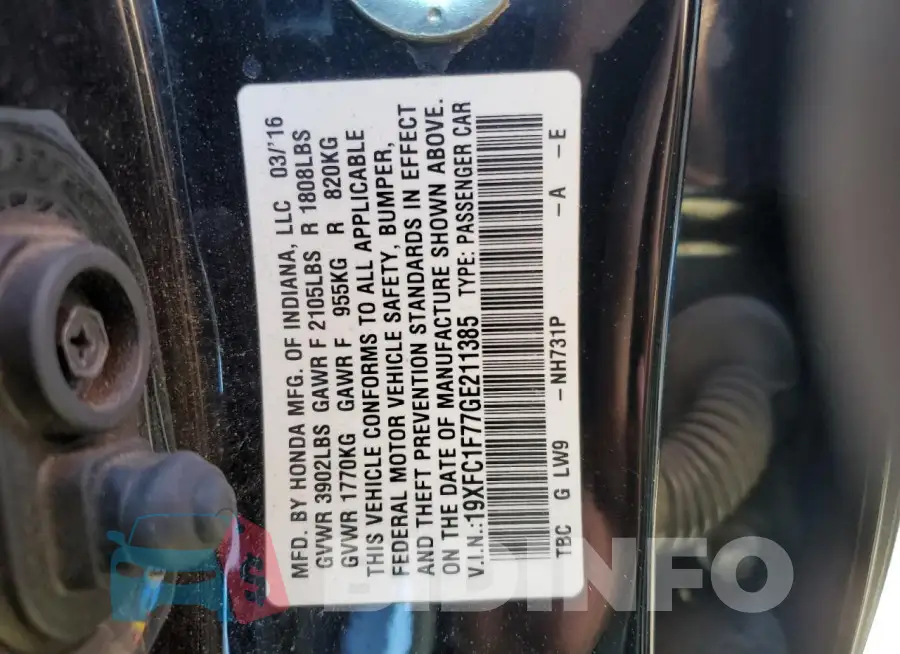 19XFC1F77GE211385 Photo# 12
