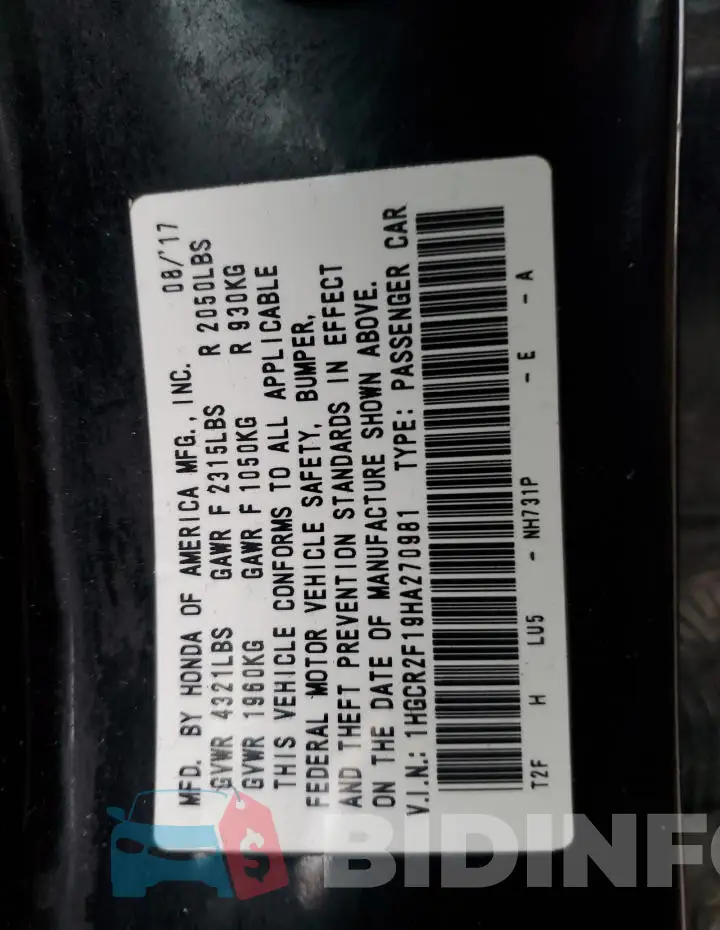 1HGCR2F19HA270981 Photo# 12