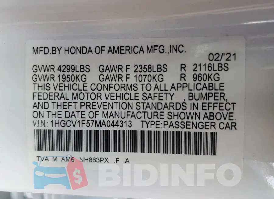 1HGCV1F57MA044313 Photo# 12