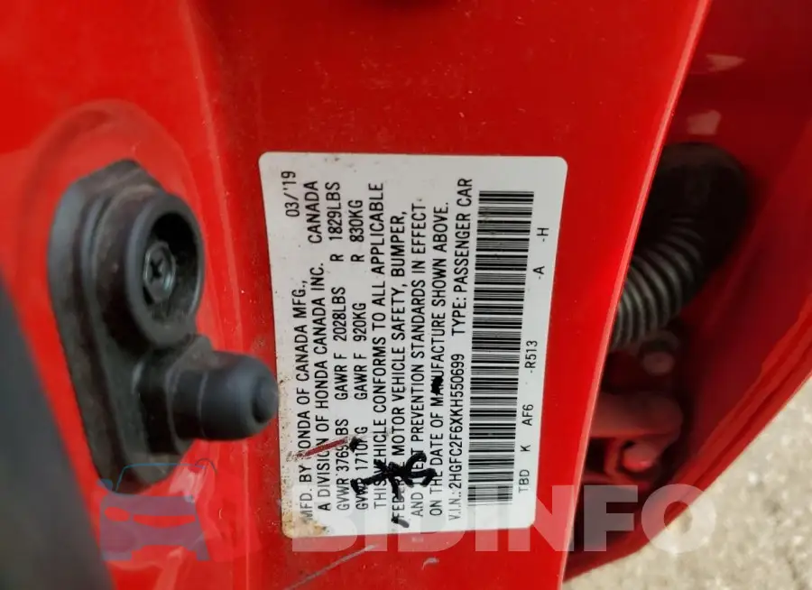 2HGFC2F6XKH550699 Photo# 12