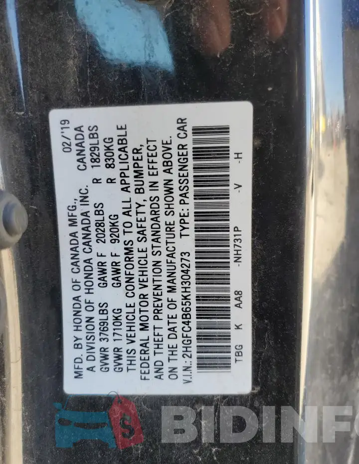 2HGFC4B65KH304273 Photo# 12
