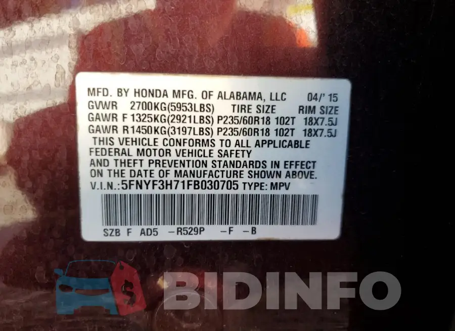 5FNYF3H71FB030705 Photo# 14