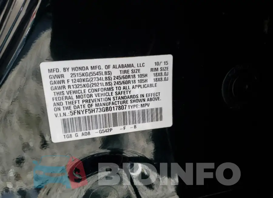 5FNYF5H73GB017807 Photo# 13