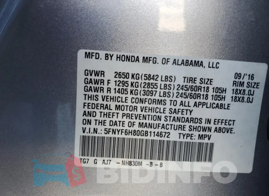 5FNYF6H80GB114672 Photo# 13