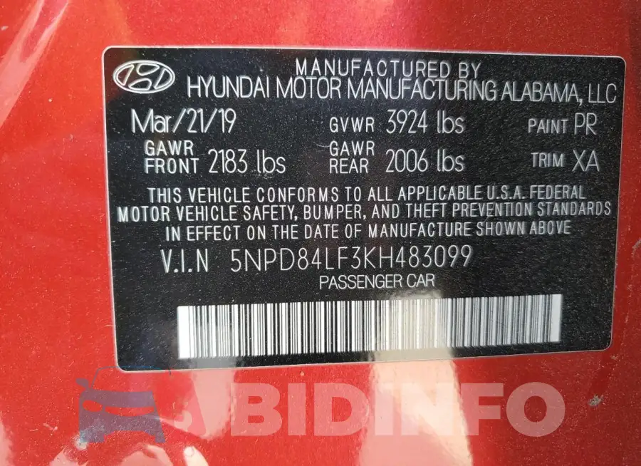 5NPD84LF3KH483099 Photo# 13