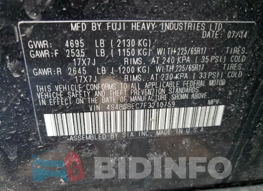 4S4BSBEC7F3210759 Photo# 12