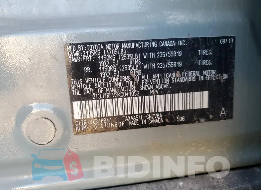 2T3J1RFV3KC041053 Photo# 13