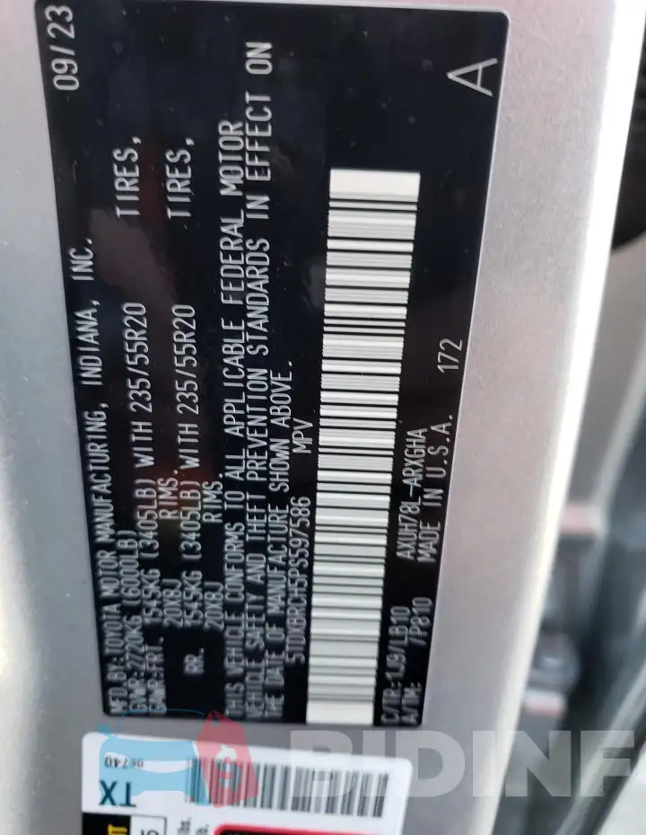 5TDXBRCH5PS597586 Photo# 14