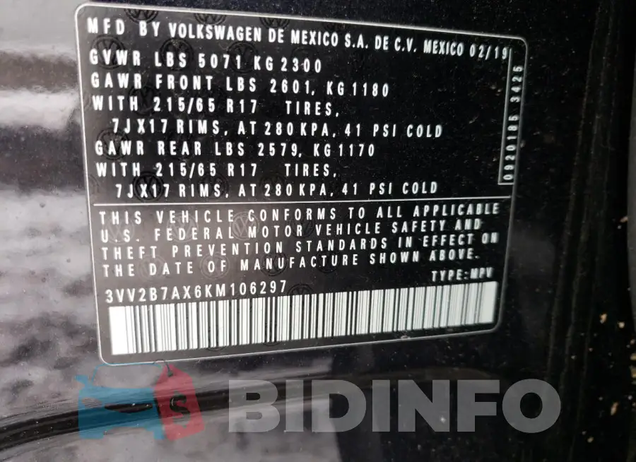 3VV2B7AX6KM106297 Photo# 13