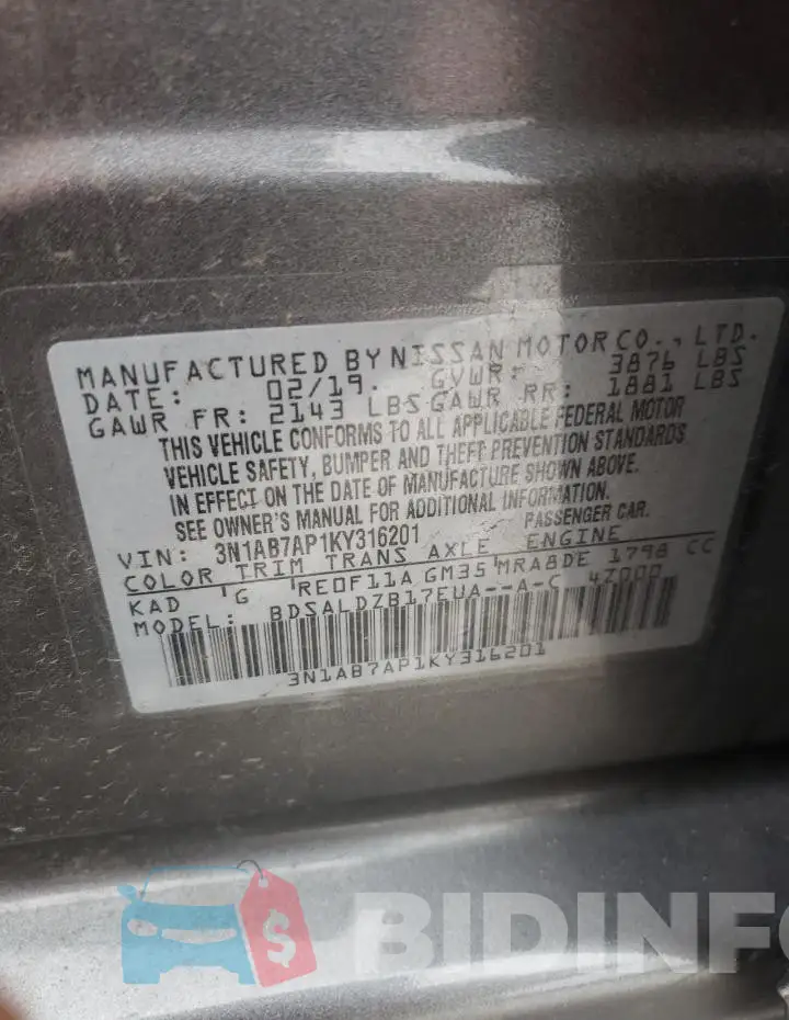 3N1AB7AP1KY316201 Photo# 12