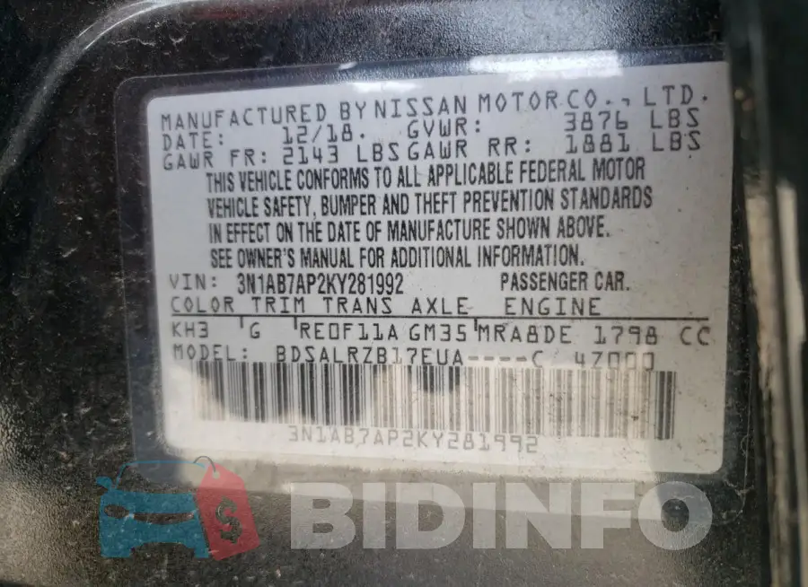 3N1AB7AP2KY281992 Photo# 13