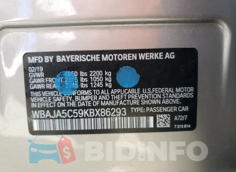 WBAJA5C59KBX86293 Photo# 12