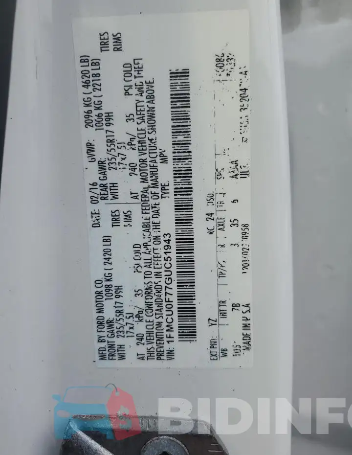 1FMCU0F77GUC51943 Photo# 13