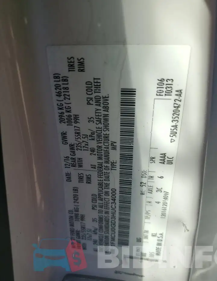 1FMCU0GD3HUC34000 Photo# 12