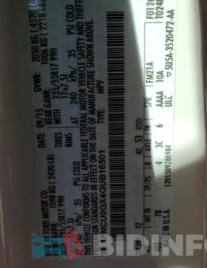 1FMCU0GX4GUB16501 Photo# 14