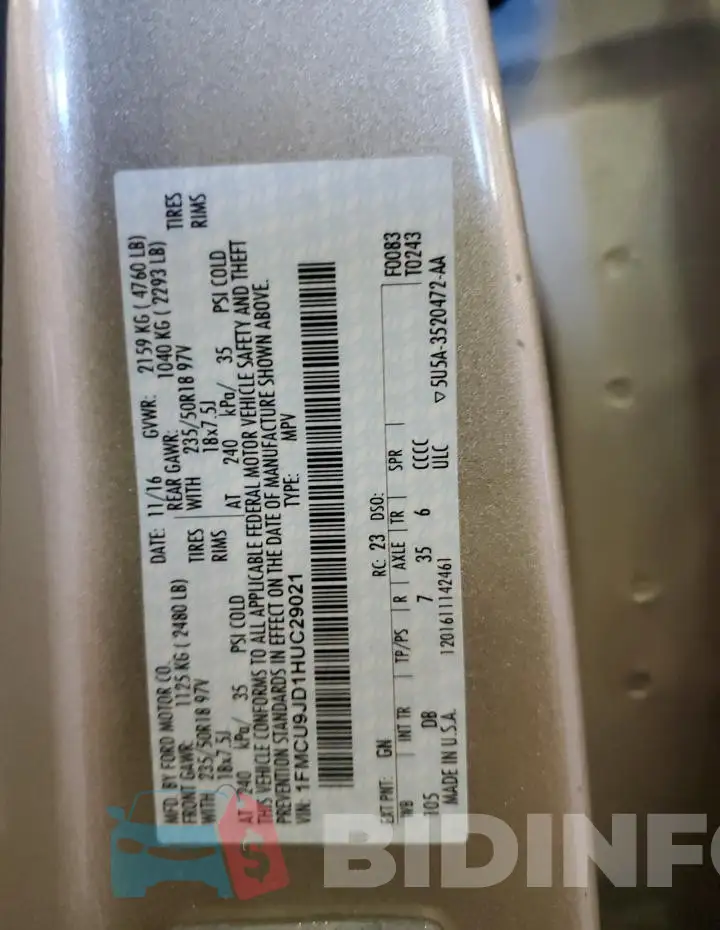 1FMCU9JD1HUC29021 Photo# 13