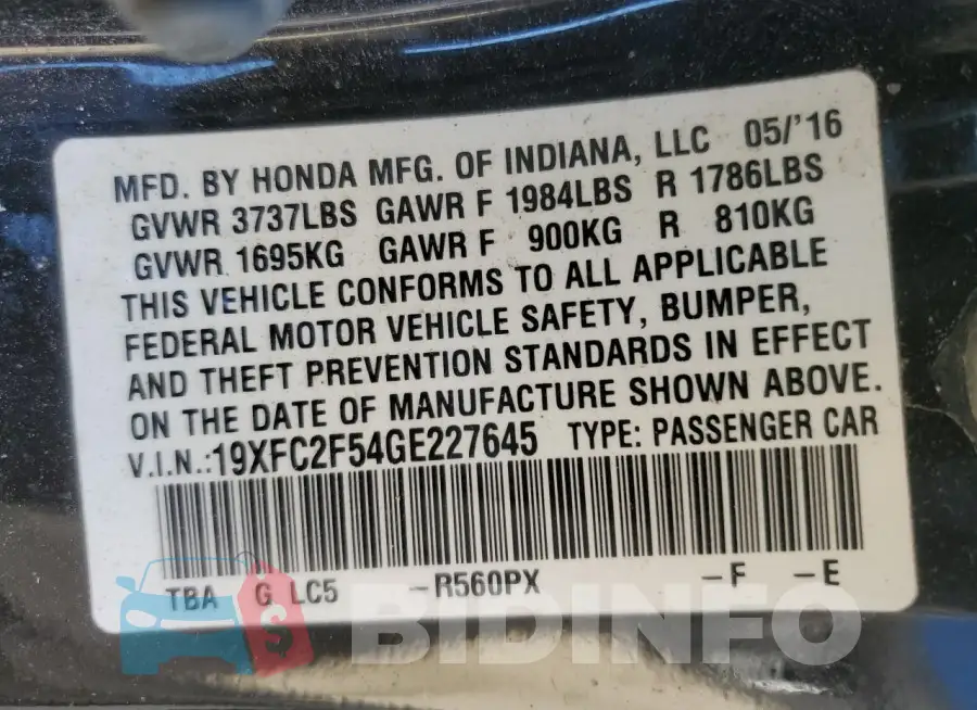 19XFC2F54GE227645 Photo# 12