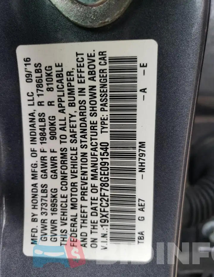 19XFC2F78GE091540 Photo# 12