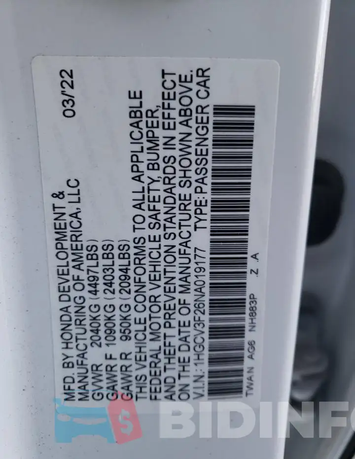 1HGCV3F26NA019177 Photo# 12