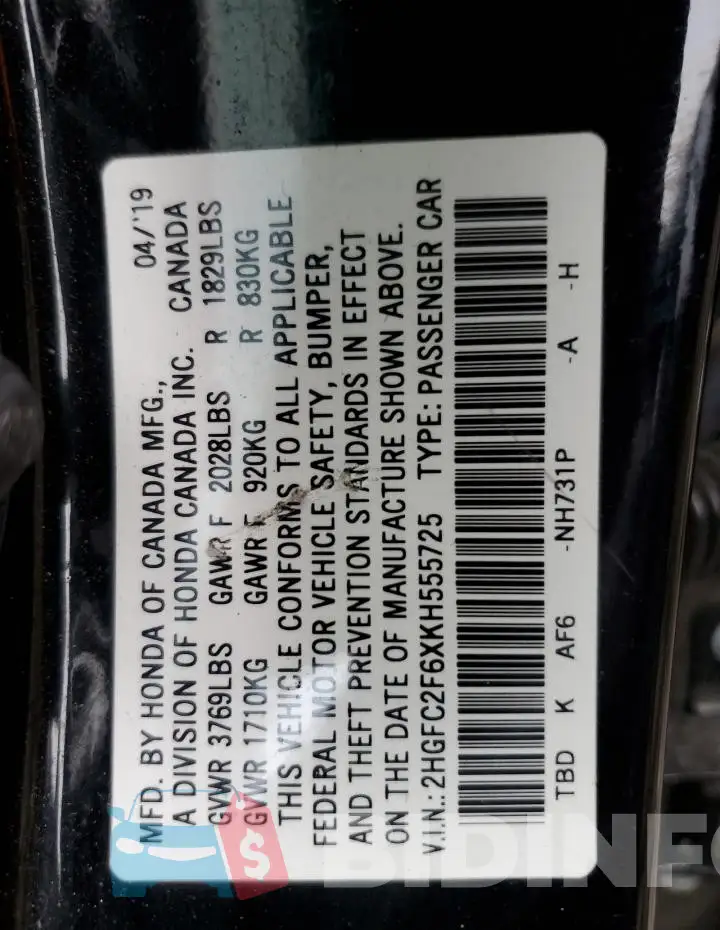 2HGFC2F6XKH555725 Photo# 13