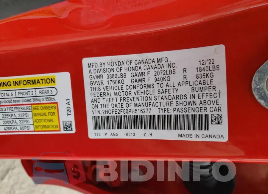 2HGFE2F50PH516277 Photo# 12