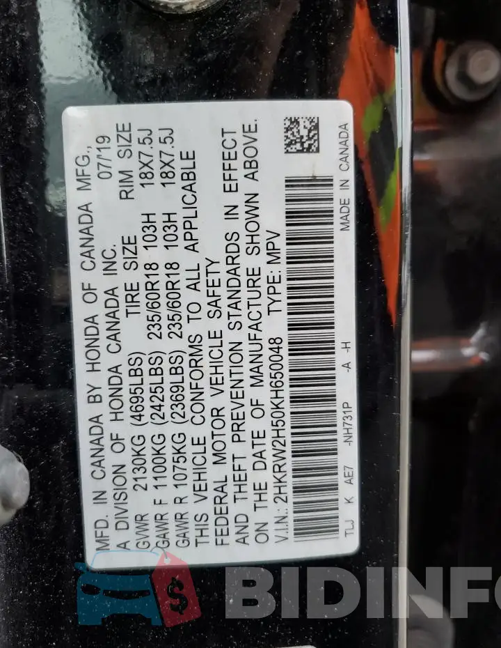 2HKRW2H50KH650048 Photo# 13