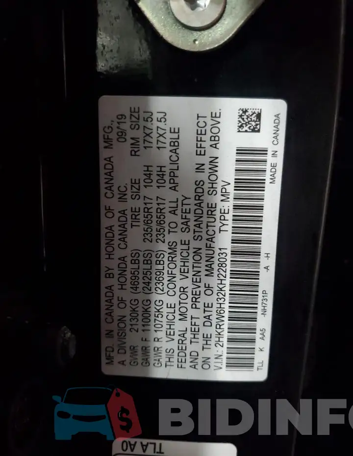 2HKRW6H32KH228031 Photo# 12