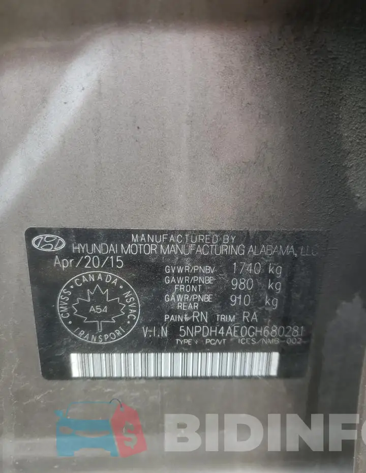 5NPDH4AE0GH680281 Photo# 13
