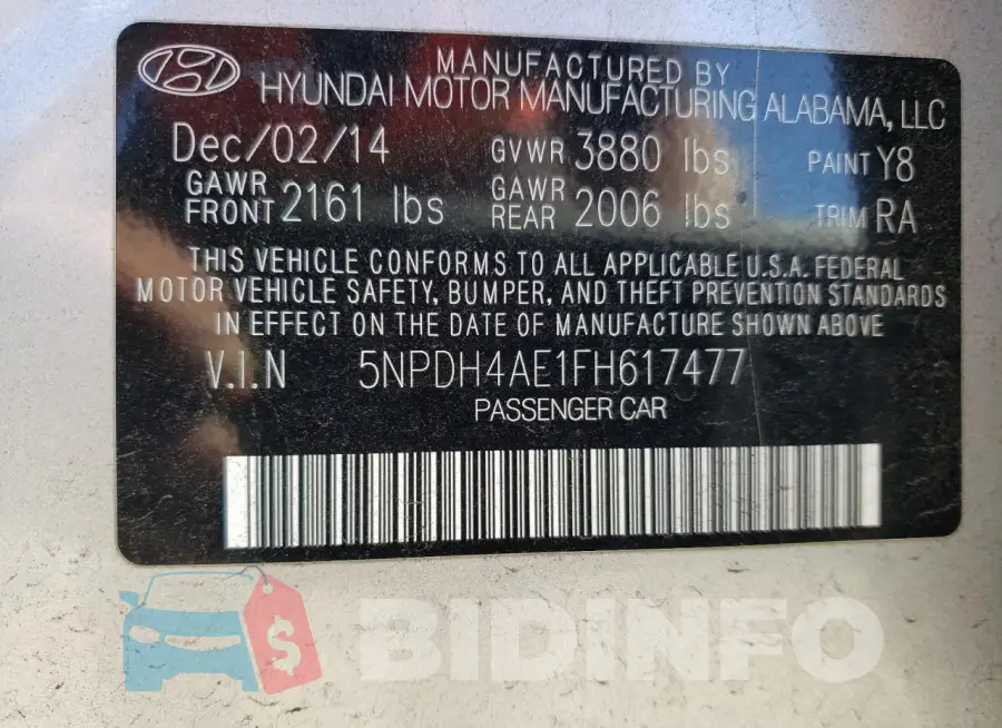 5NPDH4AE1FH617477 Photo# 12