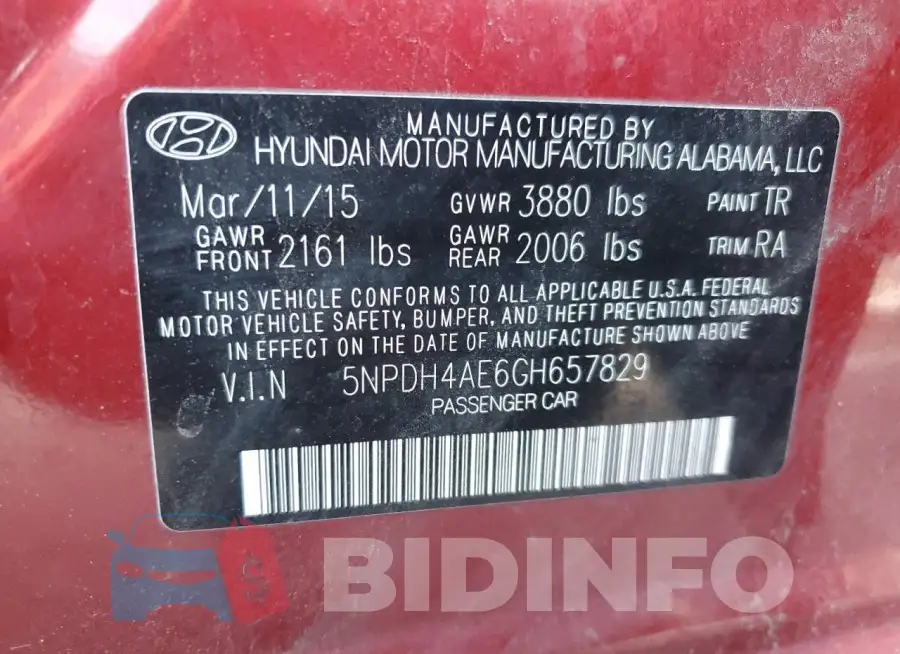 5NPDH4AE6GH657829 Photo# 12
