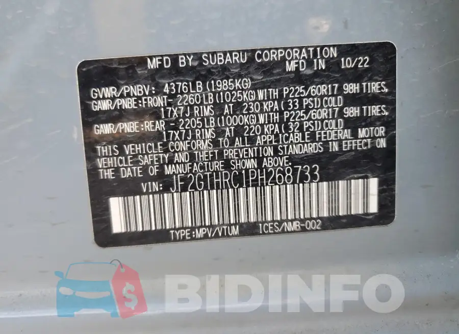 JF2GTHRC1PH268733 Photo# 12