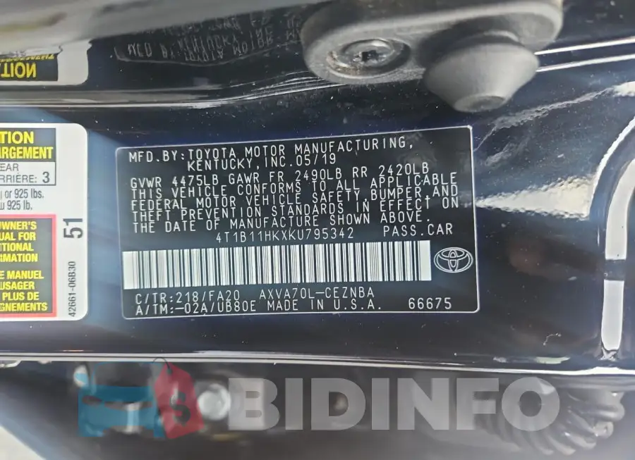 4T1B11HKXKU795342 Photo# 10