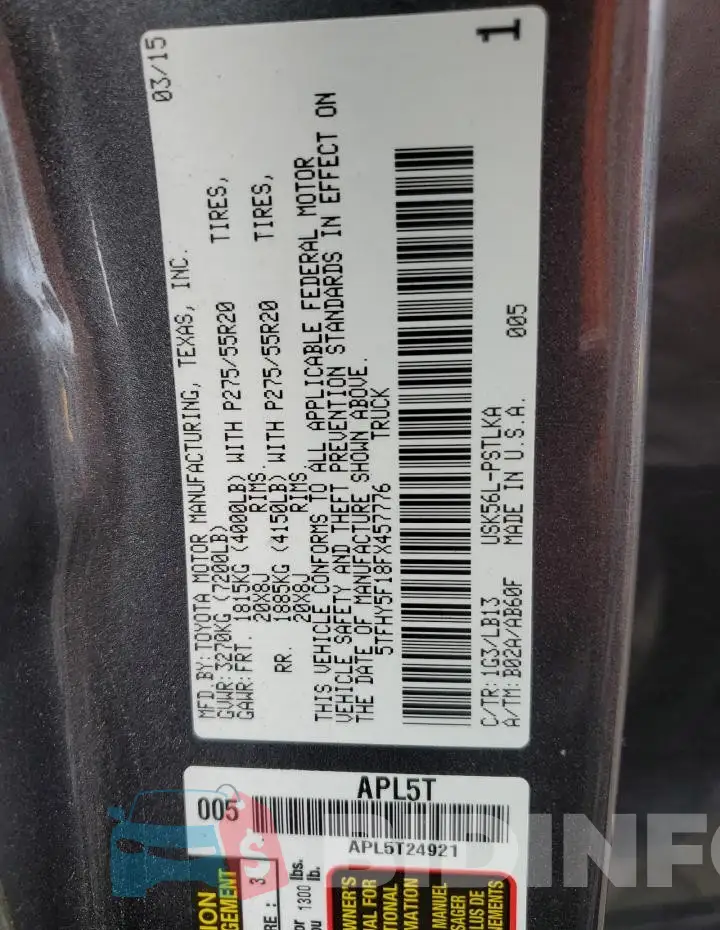 5TFHY5F18FX457776 Photo# 12