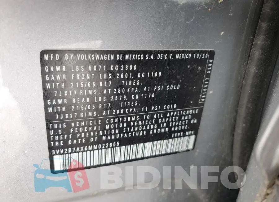 3VV2B7AX6MM022855 Photo# 13