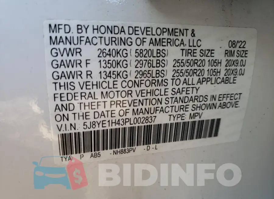 5J8YE1H43PL002837 Photo# 13
