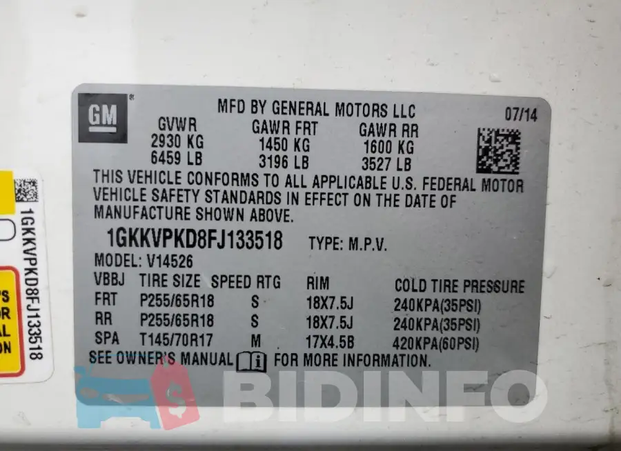 1GKKVPKD8FJ133518 Photo# 13
